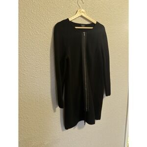 Talbots 100% Wool Long Sweater Tunic Midi Cardigan Jacket Black Full Zip Women L